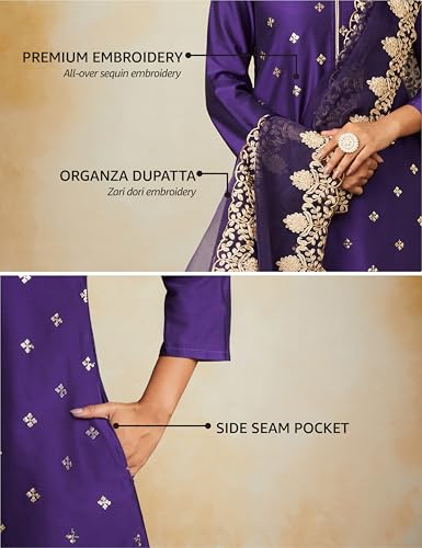Image of Amazon Brand - Myx Women Kurta Pant Set with Embroidered Organza Dupatta | Viscose,Rayon | A-line fit (Available in Plus Sizes)