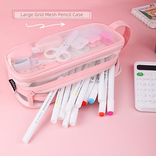 Image of Oyachic Clear Pencil Case,Grid Mesh Pencil Pouch,Pencil Bags with Double Zipper,Transparent Pencil Box for Aduts, Pink