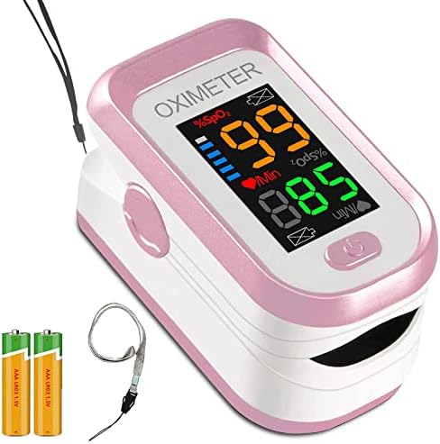 Pulse Oximeter Fingertip, Pulse Oximeter with Batteries, Oxygen Meter Finger Pulse Oximeter, Finger Oxygen Monitor, Accurate SpO2 Pulse Rate Reading, Pulse OX with Neck/Wrist Lanyard Pink