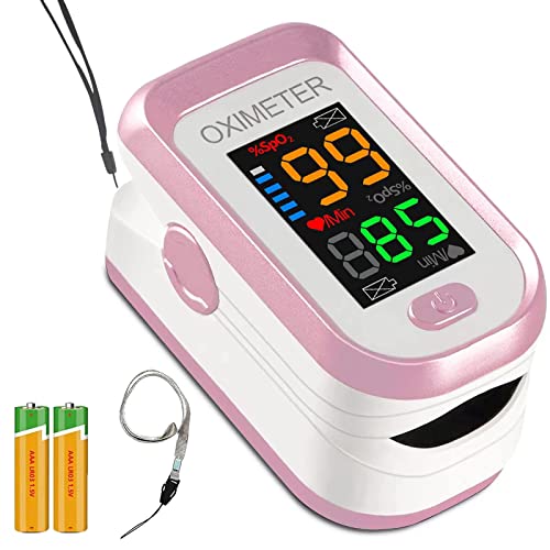 Pulse Oximeter Fingertip, Pulse Oximeter With Batteries, Oxygen Meter Finger Pulse Oximeter, Finger Oxygen Monitor, Accurate Spo2 Pulse Rate Reading, Pulse Ox With Neck/Wrist Lanyard Pink #TOP1