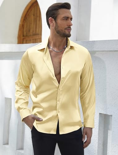 Vssjavun Men's Satin Dress Shirt Long Sleeve Prom Party Button Down Gold — view 2