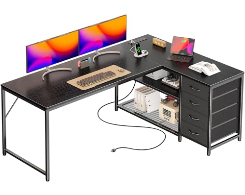 PRAISUN 61" L Shaped Desk with Power Outlets and USB-C Port, Reversible Computer Corner Office Desk with 4 Fabric Drawers and 2 Height-Adjustable Shelves, Large for Gaming Writing Work Study，Black