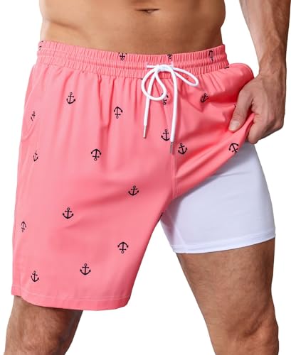 OYGSieg 2 in 1 Mens Swim Trunks 7 Inch Board Shorts Quick Dry Swim Shorts Suit with Pockets B L