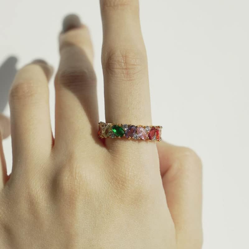 Michooyel Eternity Rainbow Ring Band Ring for Women 18K Gold Plated Oval Multicolor Cubic Zirconia Eternity Ring - Image 2