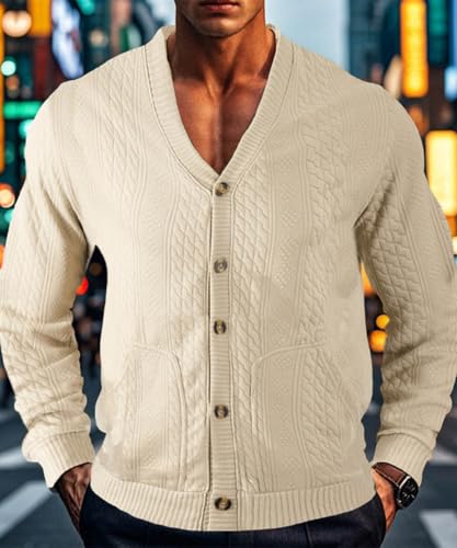 Men's Cardigan Sweater Long Sleeve Casual Lightweight V Neck Button Down Cable Knit Sweater with Pockets4