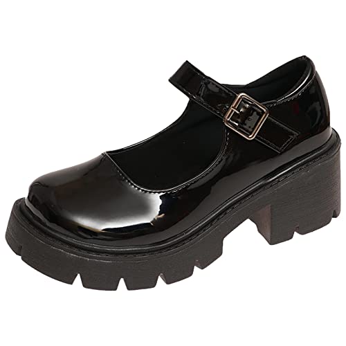 rismart Mujer Plataforma Mary Jane Punta Redonda Tacón Grueso Correa Tobillo Lolita Cosplay Zapatos (Negro Brillante,40 EU)