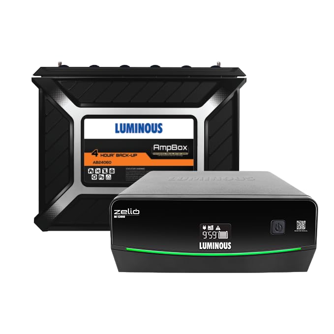 Image of Luminous Inverter & Battery Combo for Home, Shop & Office - Zelio M 1300 (1100VA /12V) Sine Wave Inverter + Ampbox AB24060 Gel Battery with 4 Hr Backup| Warranty: 36M (Inverter)+60M (Battery)
