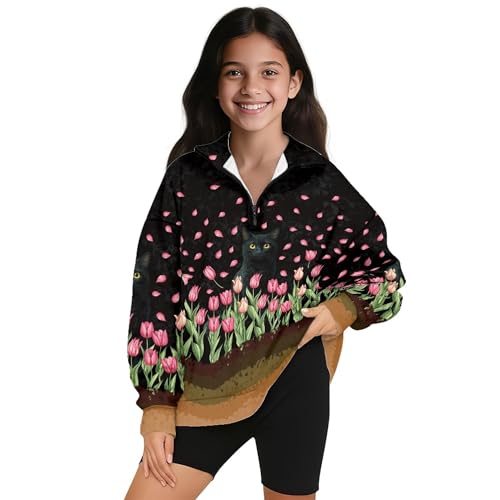 Image of AmzPrint Girls Graphic Quarter Zip Coat Long Sleeve Lightweight Oversized Athletic Running Hoodies For Kids Teen Girls