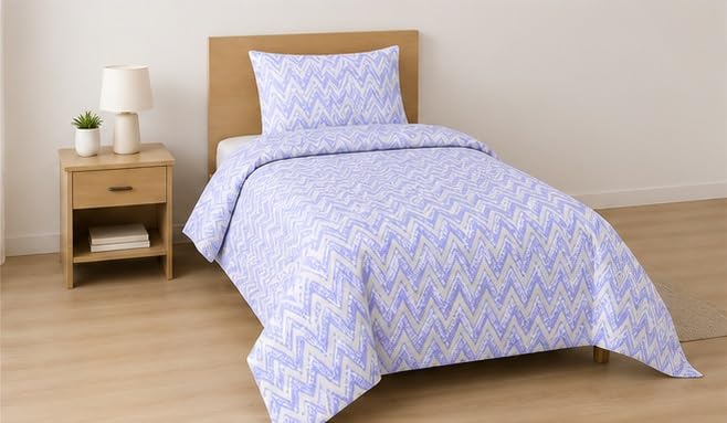 Image of 210 TC Glace Cotton Soft Cotton Zig Zag Design Flat Queen Size 60x90 inches Bedsheet Set - Lightweight & Durable 1 Bed Sheet with 1 Pillowcase 17x27 inches Blue