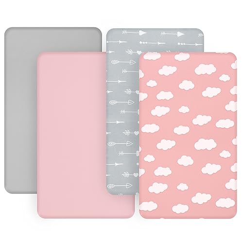 4-Pack Fitted Pack and Play Sheets for Boys and Girls - Breathable, Soft Microfiber Baby Sheets in Grey and Pink
