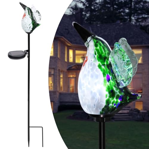 Afirst Decorative Solar Lights Outdoor Solar Hummingbird Stake Lights Hand Blown Glass Decorative Garden Pathway Light Outdoor Waterproof Glass Stakes Green