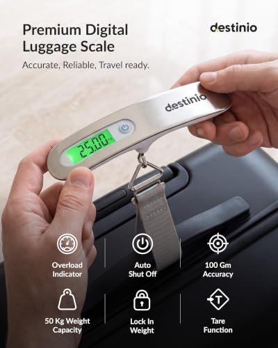 Image of Destinio Digital Weight Machine for Luggage - 50kg Capacity, Portable Hanging Weighing Scale for Bags, Baggage, Travel, Shop, Home & Gas Cylinder - Suitcase Weighing Scale, Luggage Scale for Flights