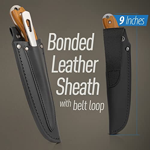 Maxam 8.5 Inch Rigging Knife With Marlinspike - Full-Tang German Stainless Steel Fixed Blade Knife, Teak Wood Handle - Sailor's Marlin Spike Knife Kit With Leather Sheath #TOP1