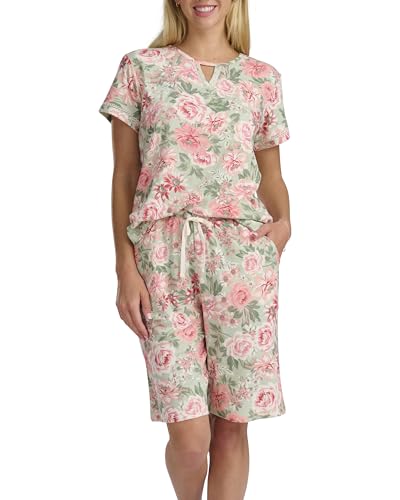 Karen Neuburger Womens Keyhole Short Sleeve Top and Bermuda Short Pajama Set Forest Rose X-Large
