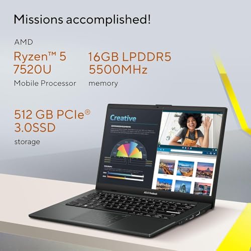 Image of ASUS Vivobook Go 14, AMD Ryzen 5 7520U, 16GB RAM, 512GB SSD, FHD 14 inch, Windows 11, Office Home 2024, M365 Basic (1Year)*, Black, 1.38kg, E1404FA-EB2542WS, AMD Radeon iGPU, 42WHrs, Thin & Light Laptop