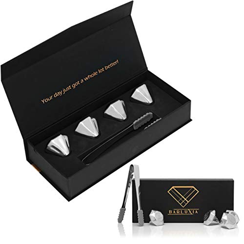 Barluxia Stainless Steel Ice Cube Gift Set of 4 Extra Large 1.5” Diamond Reusable Metal Ice Cubes & Ice Tongs - Whiskey Rocks/Chilling Stones for Wine, Whiskey, Cocktails or any Drinks Barluxia Stainless Steel Ice Cube Gift Set of 4 Extra Large 1.5” Diamond Reusable Metal Ice Cubes & Ice Tongs - Whiskey Rocks/Chilling Stones for Wine, Whiskey, Cocktails or any Drinks