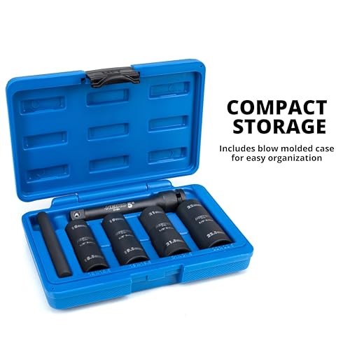 Image of NEIKO 02290B Lug Nut Socket Set, 1 /2 inch Impact Thin Wall Flip Socket Set, Half Size Wheel Socket Set, Metric 6 Point, 5 inch Extension Bar & Knockout Bar, 18.5mm, 19.5mm, 21.5mm, and 22.5mm