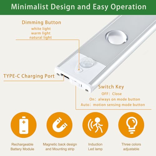 Image of Under Cabinet Lighting, 3 Colors Dimmable Wireless Motion Sensor Closet Lights, Magnetic LED Motion Sensor Light Bar, Rechargeable Under-Counter Light for Kitchen Closet (Sliver-2PACK)