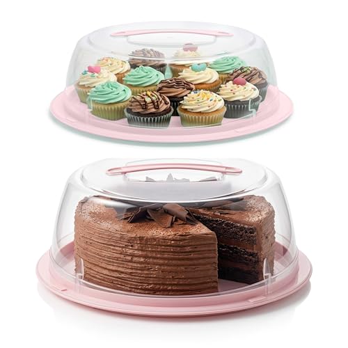 EPISENT Large Cake and Cupcake Carrier with 2 Lids Round 11 Inch Dessert Storage Box Lockable Plastic Container with Carry Handle for Transporting Home Baking