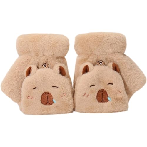 Capybara Plush Gloves Cute Kids Winter Gloves Flip Cover Touchscreen Half Finger Mittens Outdoor Windproof Warm Glove for Girls