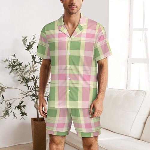 Green Pink Plaid Mens Pajamas Set Short Sleeve Sleepwear Summer Pjs Sets 2 Piece Loungewear Nightwear2