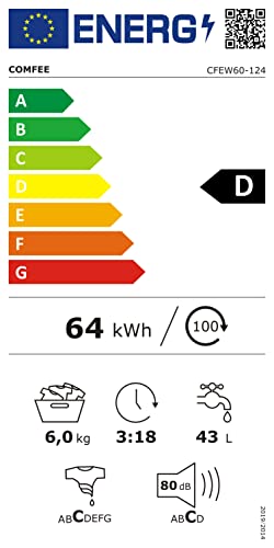Comfee CFEW60-124 Waschmaschine / 6KG / Slim Line / D / 1200 U/min / Trommelreinigung / 15min-30min-45min Schnellwaschgang / Weiß