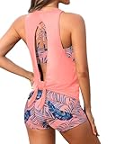 Aqua Eve 3 Piece Tankini Swimsuit for Women Tank Bathing Suit with Shorts Open Back Athletic Swimwear Blue Pink Leaves XL