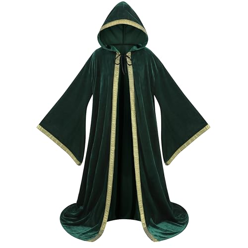 Abrigo misterioso renacentista Halloween, terciopelo holandés, vestido de mago disfrazado de baile y San Patricio traje de mago mangas acampanadas Caballero medieval Cape con capucha(verde 140CM)