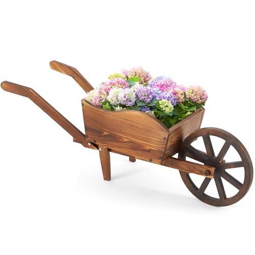 Beeveer Wooden Wagon Flower Planter Cart Garden Planter Box with Wagon Wheels Cart for Home Garden Outdoor Balcony Decorative, Patio Flowers Herbs Vegetables, Brown(Rustic)