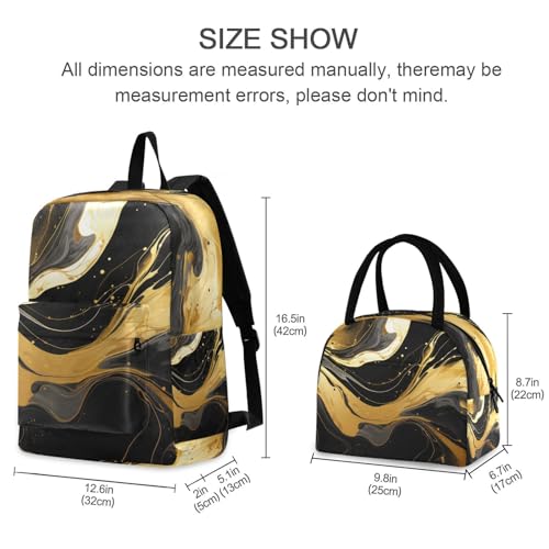 Backpack Lunch Box Set Large Capacity Travel Backpacks and Insulated Lunch Bag for Commute Hiking Picnic Gold Black Marble Print2