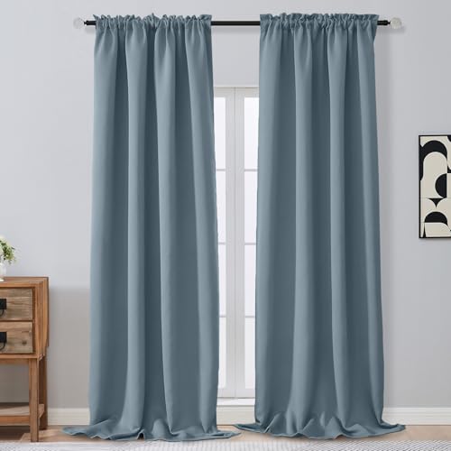 Image of Extra Long 10 FT Blackout Curtains for Patio 120 Inches Long 2 Panels Set, Solid Thermal Insulated Energy Saving Rod Pocket Window Treatment Curtains Blackout Drapes, W50xL120, Stone Blue