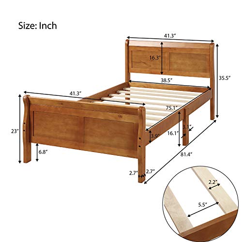 Meritline Twin Size Bed Frame, Solid Wood Platform Bed Frame Mattress Foundation Sleigh Bed With Headboard/Footboard/Wood Slat Support (Oak) #TOP1