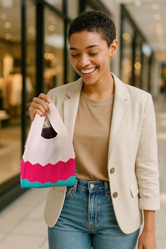 Image of Knot Bag, Mini Knit Tote Bag, Extra Thickened Japanese Knot Bag, Wristlet Handbag, Aesthetic Crochet - 2Pcs White Speckle & Pink Wave(Very Small)