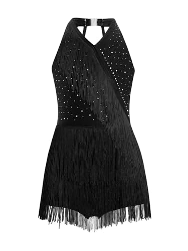 TiaoBug Leotardo De Baile Latino con Flecos para Niñas Maillot De Patinaje Competición Vestido De Tango Latino Rumba Cha-Cha Samba Negro 9-10 años