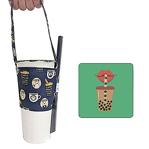 Image of Portable Coffee & Boba Cup Sleeve Strap w /Straw Loop (Coffee Pattern Blue)
