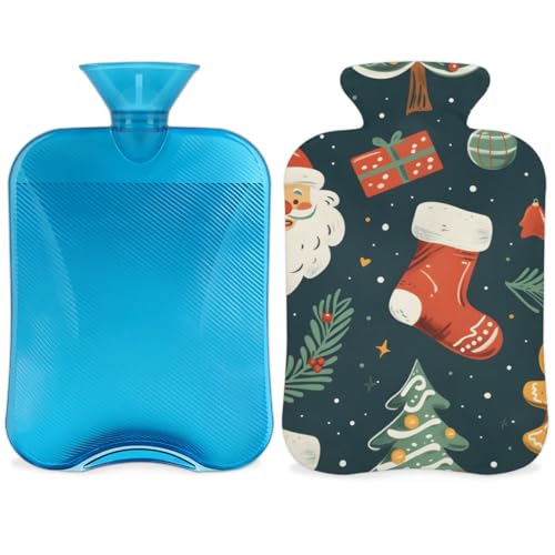 Hot Water Bottle with Soft Cover,2L Abstract Santa Claus Hot Water Bag for Hot and Cold Compress, Hand Feet Warmer, Colorful Santa Claus Rubber Hot or Cold Water Bottle Halloween Christmas Decorations