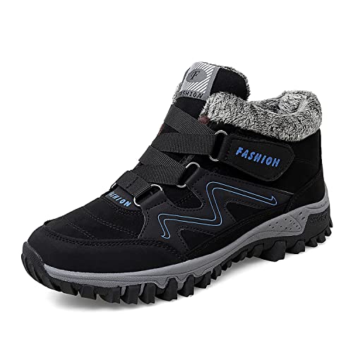 VARSKARC Man's Winter Thermal Velvet Velcro Buckle Trendy Joker Hiking Boot Black/Blue