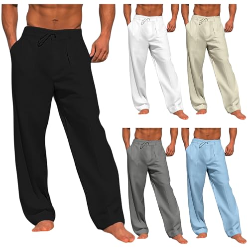 Wankang Men's Cotton Linen Pants Summer Casual Lightweight Relaxed Fit Drawstring Trousers Breathable Beach Pants for Men3
