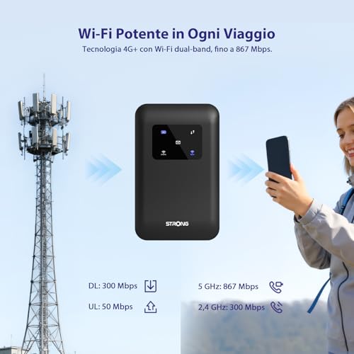 STRONG Saponetta WiFi Portatile con SIM, 4G+ LTE CAT6 300Mbps DL, WiFi AC900Mbps, Hotspot WiFi Tascabile, Connette Fino a 16 Dispositivi, Batteria Ricaricabile, 2500mAh, Porta USB-C (MIFI900) - Immagine 3