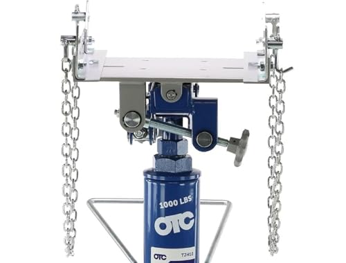 Image of OTC TJH10 1,000 lb. High-Lift Transmission Jack - 71-5 /8 inch Maximum Height | Features a Universal Saddle, Tilting Head, Safety Chains, and Foot Operated Pump and Lowering Pedal