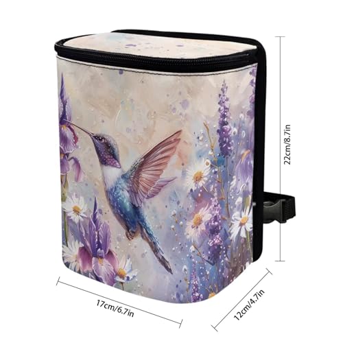 Image of Talayituse Hummingbird Daisy Lavender Print Car Trash Bin, Large Size Auto Trash Can Adjustable Portable Garbage Can with Lid, Vehicle Hanging Bag for Headrest Front Back Seat
