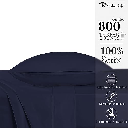 URBANHUT 800 Thread Count Twin Size Egyptian Cotton Sheets Set, 4 Pc Bed Sheet Sets for Twin Size Bedding, Luxury Hotel Sheets Sateen Finish Fits 16" Deep Pocket - Navy Blue