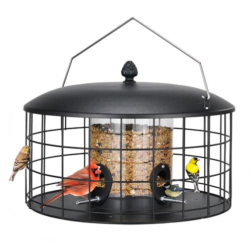 Veehoo Squirrel Proof Bird Feeders for Outdoors Hanging, Metal Caged Wild Bird Feeder for Cardinal Finch Small Birds, Thistle Squirrel-Proof Clear Tube Birdfeeder for Outdoor Balcony