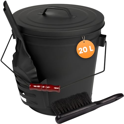 BLACK OAK Cubo de ceniza Stromboli 20 l – negro con tapa pala y escoba percha negro grande 20 litros acero galvanizado resistente al fuego con recubrimiento en polvo para cenizas y carbón, accesorios