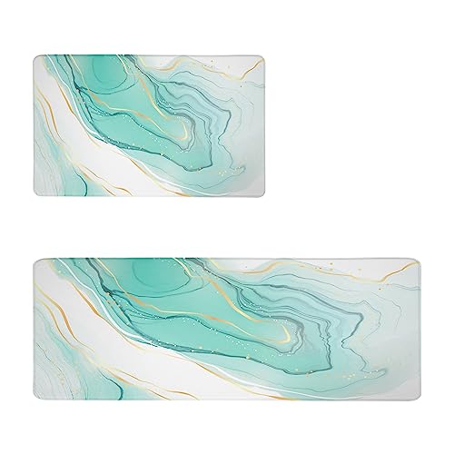 Teal Marble Kitchen Rugs Anti Fatigue Kitchen Floor Mat 2/5 Inch Thick Cushioned Memory Foam Abstract Golden Washable Comfort Standing Mat Kitchen Runner Rug For Sink Laundry, Set Of 2 #TOP20