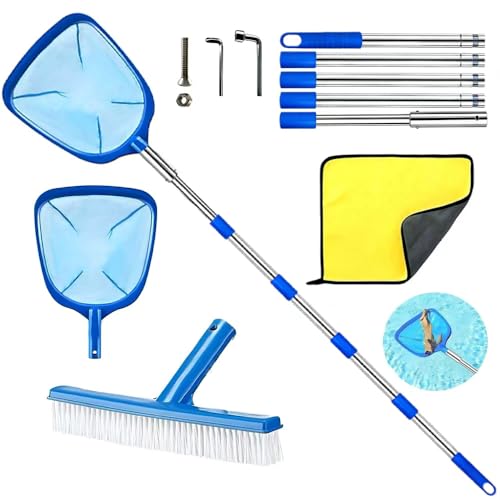 Epuisette Piscine avec Manche Telescopique 225cm, Epuisette Bassin Exterieur, avec Brosse de Piscine et Chiffon de Nettoyage