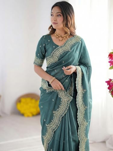 Image of SIRIL Women's Shimmer Georgette Scalloped Border Sequins Embroidery Saree with Unstitched Blouse Piece