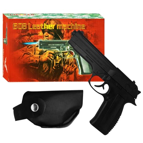 Image of 608 Lighter with Barrel Pull Back Heavy Metal Made Black Color Gun Shape Gas Lighter with PU Holster | Loading Feature Dummy Gun Jet Flame Butane Refillable Lighter