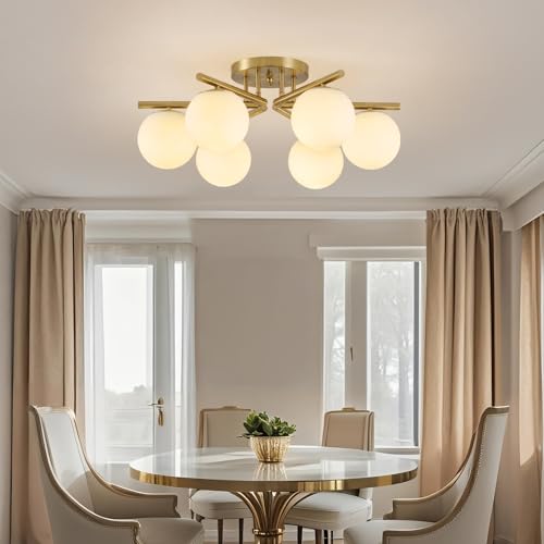 Image of 6 Lights Sputnik Ceiling Light Fixture,Semi Flush Mount Ceiling Light Sputnik with Milk Glass Globe, Brushed Brass Chandelier for Living Room, 25.98'' Large Mid Century Modern Fixture