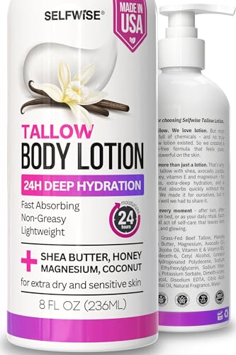 Beef Tallow Body Lotion with Magnesium Shea Butter Avocado Honey - Natural Lotion with Vitamin E - Fast Absorbing Non-Greasy Moisturizer for Dry & Sensitive Skin Daily Hydrating Body Cream